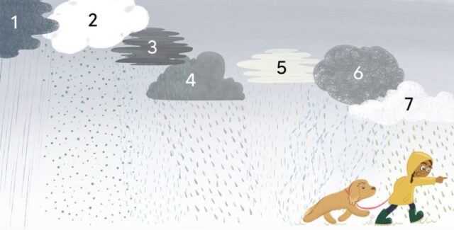 Picture book illustration by Emily Fellah of a little girl taking her dog for a walk on a very rainy day.