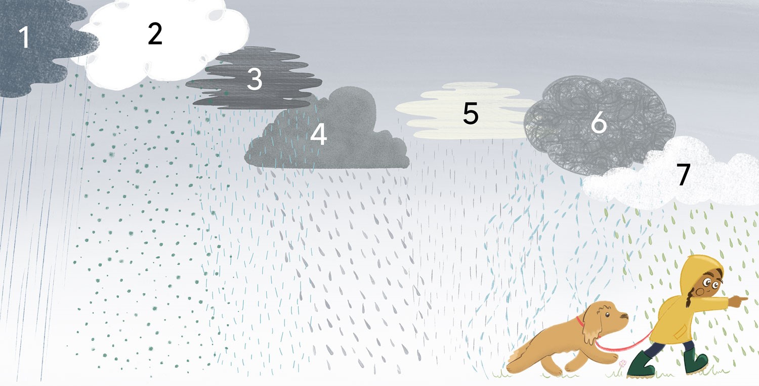 Picture book illustration by Emily Fellah of a little girl taking her dog for a walk on a very rainy day.
