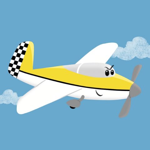 A cute, colourful illustration of a light aircraft with a determined, happy expression.