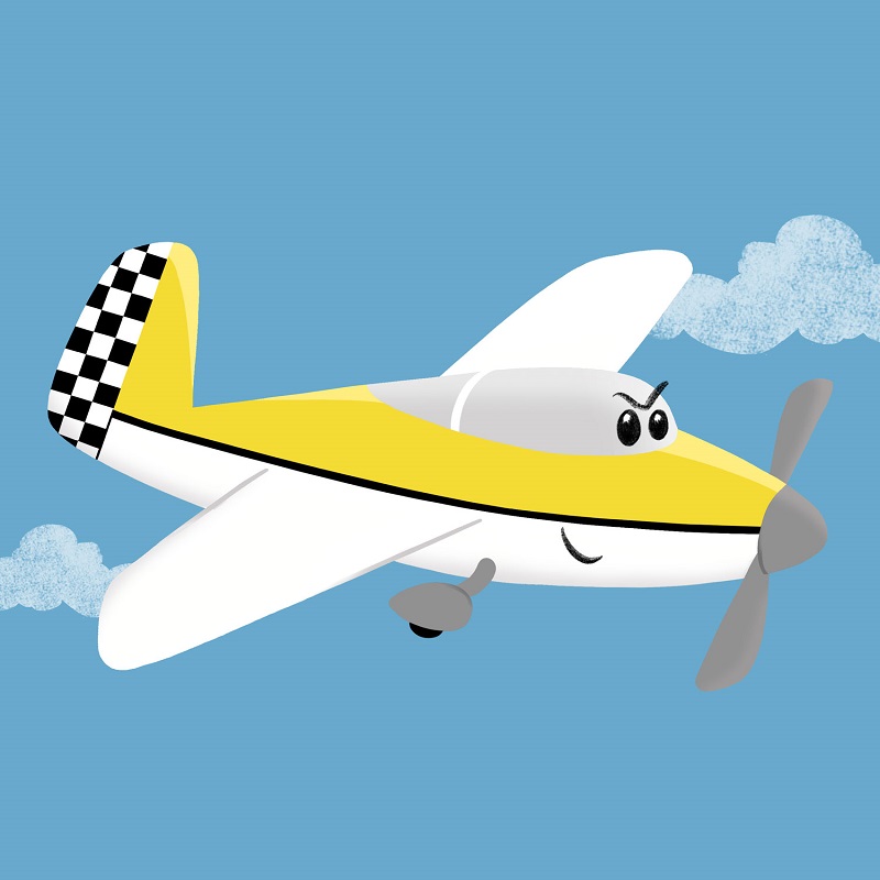 A cute, colourful illustration of a light aircraft with a determined, happy expression.