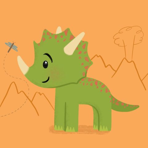 A colourful, cute illustration of a young triceratops watching a dragonfly.
