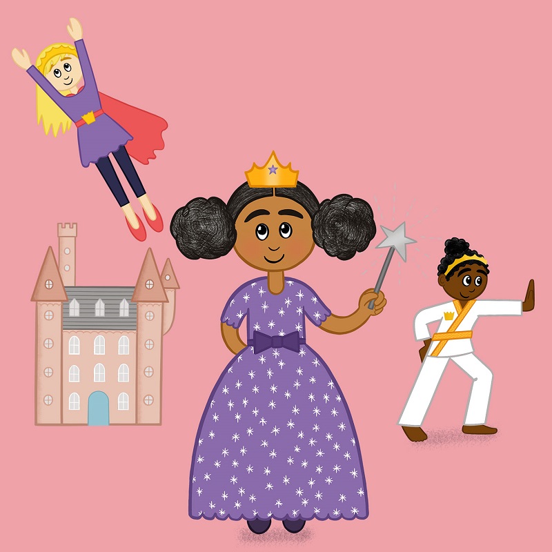 A fun, diverse, colourful illustration of a magic princess, a superhero princess, a warrior princess and a castle.