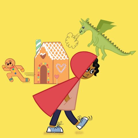 A fun, colourful illustration of Red Riding Hood, the ginger bread man, a dragon and a ginger bread house