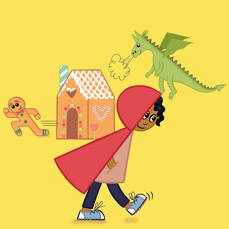 A fun, colourful illustration of Red Riding Hood, the ginger bread man, a dragon and a ginger bread house