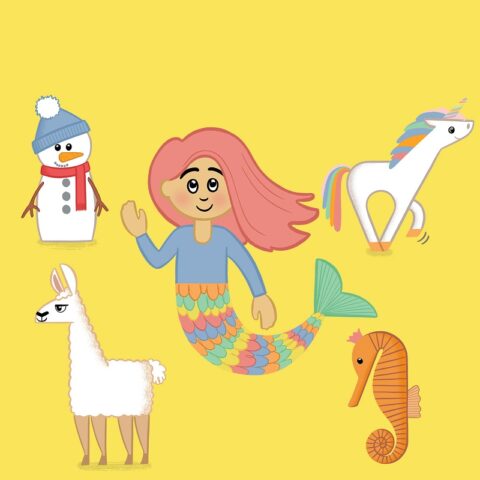 A fun, colourful illustration of a mermaid, unicorn, snowman, llama and a seahorse.