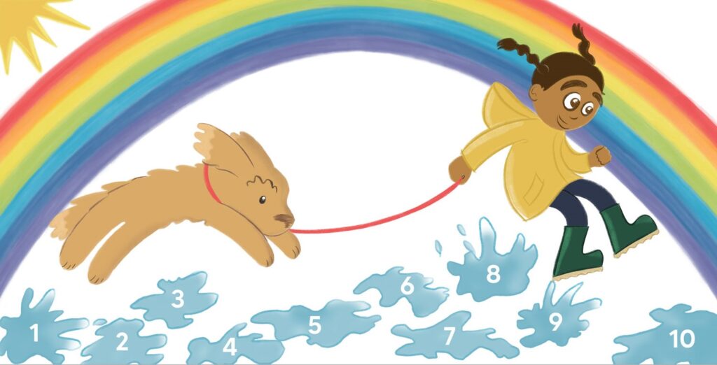 Picture book illustration by Emily Fellah of a little girl jumping through puddles in front of a rainbow with her dog.