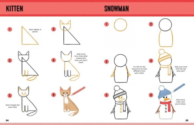 A page from Emily Fellah's 'I Can Draw Everything Cute and Cuddly', featuring step-by-step illustrations teaching the reader how to draw a kitten and a snowman based on a triangle and a circle.