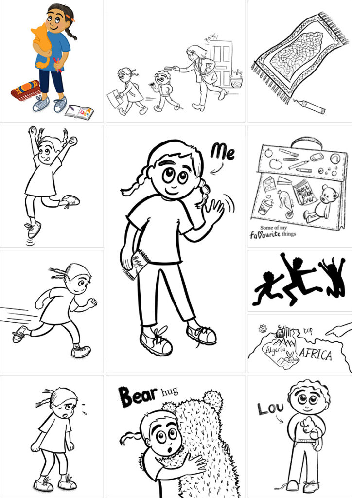 Fun black and white line drawing illustrations featuring a Muslim girl with North African heritage and her family.