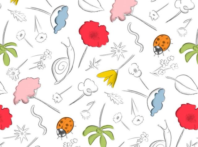 A surface pattern print design for children's fabrics with a garden heroes theme.
