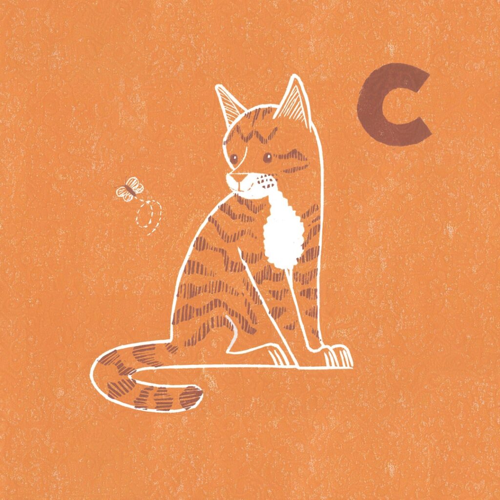 Orange and white lino printed cat image for a children's ABC book