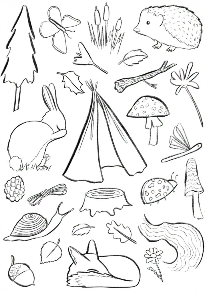 A colouring page drawn with black textured pencil featuring a hedgehog, rabbit, sleeping fox, toadstools, flowers, insects, leaves and acorns