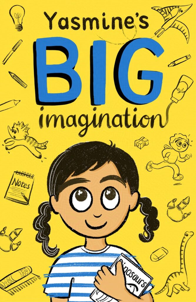 Cover image for a children's chapter book featuring a little girl holding a Dinosaur book. There are fun doodle style illustrations around her of her brother brother, dinosaurs, crayons, squirty ketchup and more