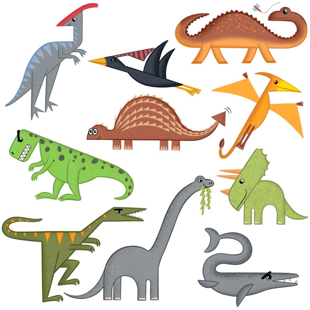 A page of cute, colourful illustrated dinosaurs