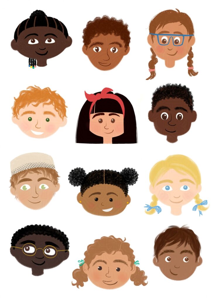 A diverse illustrated character sheet of children's faces