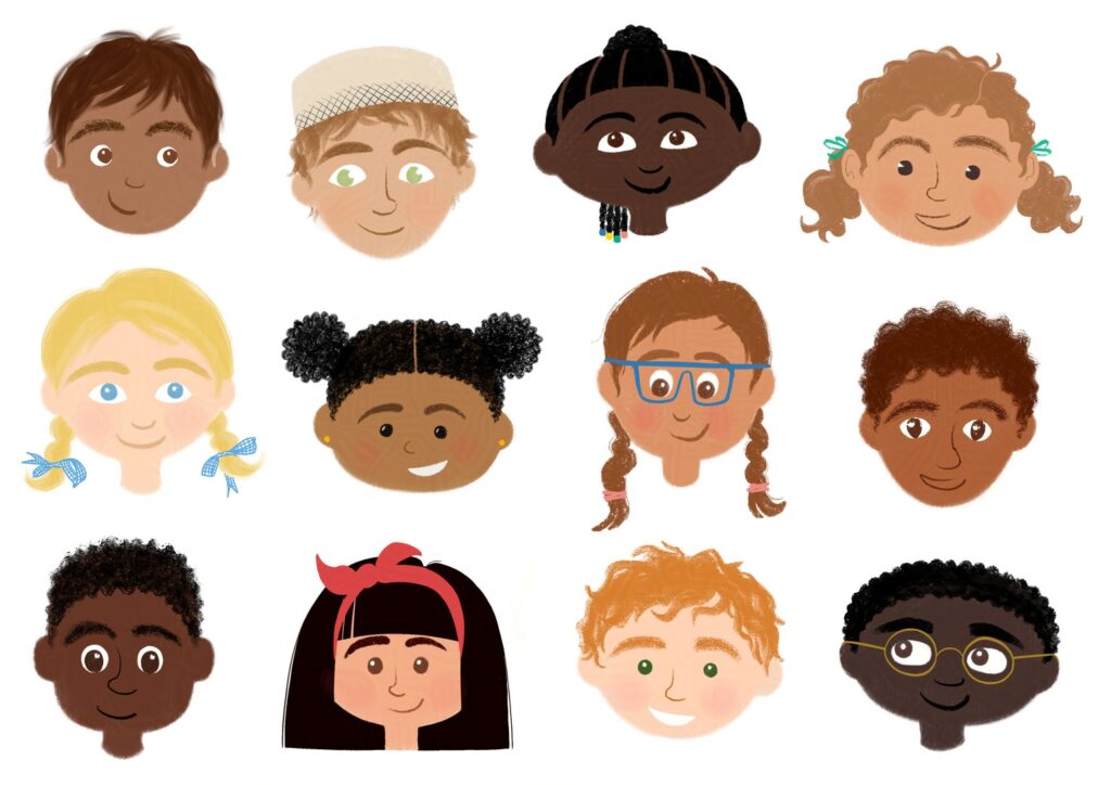 A diverse illustrated character sheet of children's faces