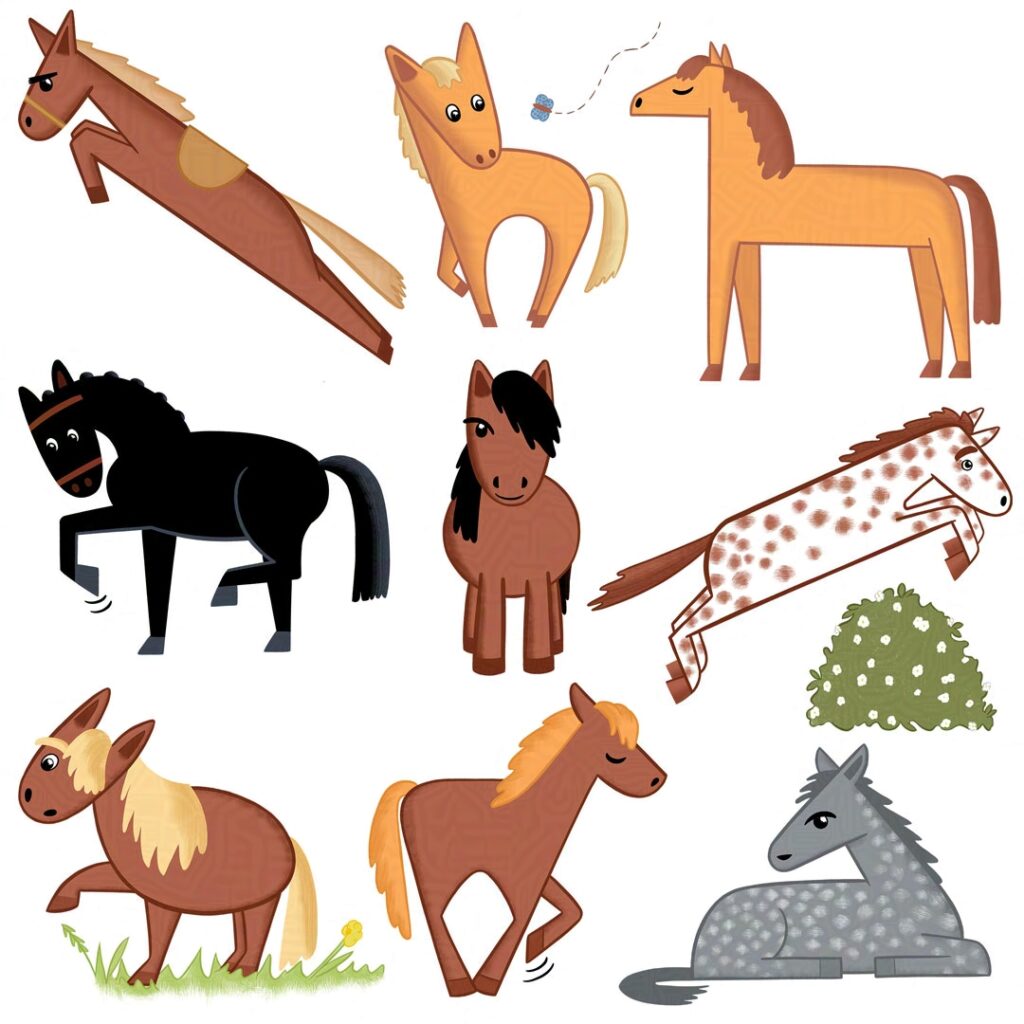 A page of cute horse and pony illustrations including an Arabian horse, a New Forest pony, a race horse and more