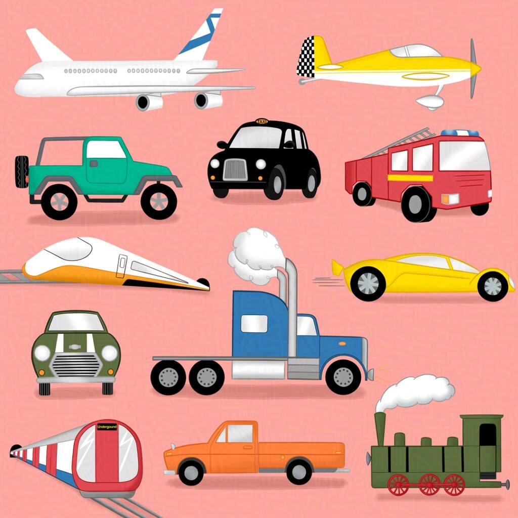 Illustrations of a jumbo jet, a light aircraft, a jeep, a London taxi, a fire engine, a bullet train, a racing car, a mini, a big rig, an underground train, a pick-up truck and a steam train.