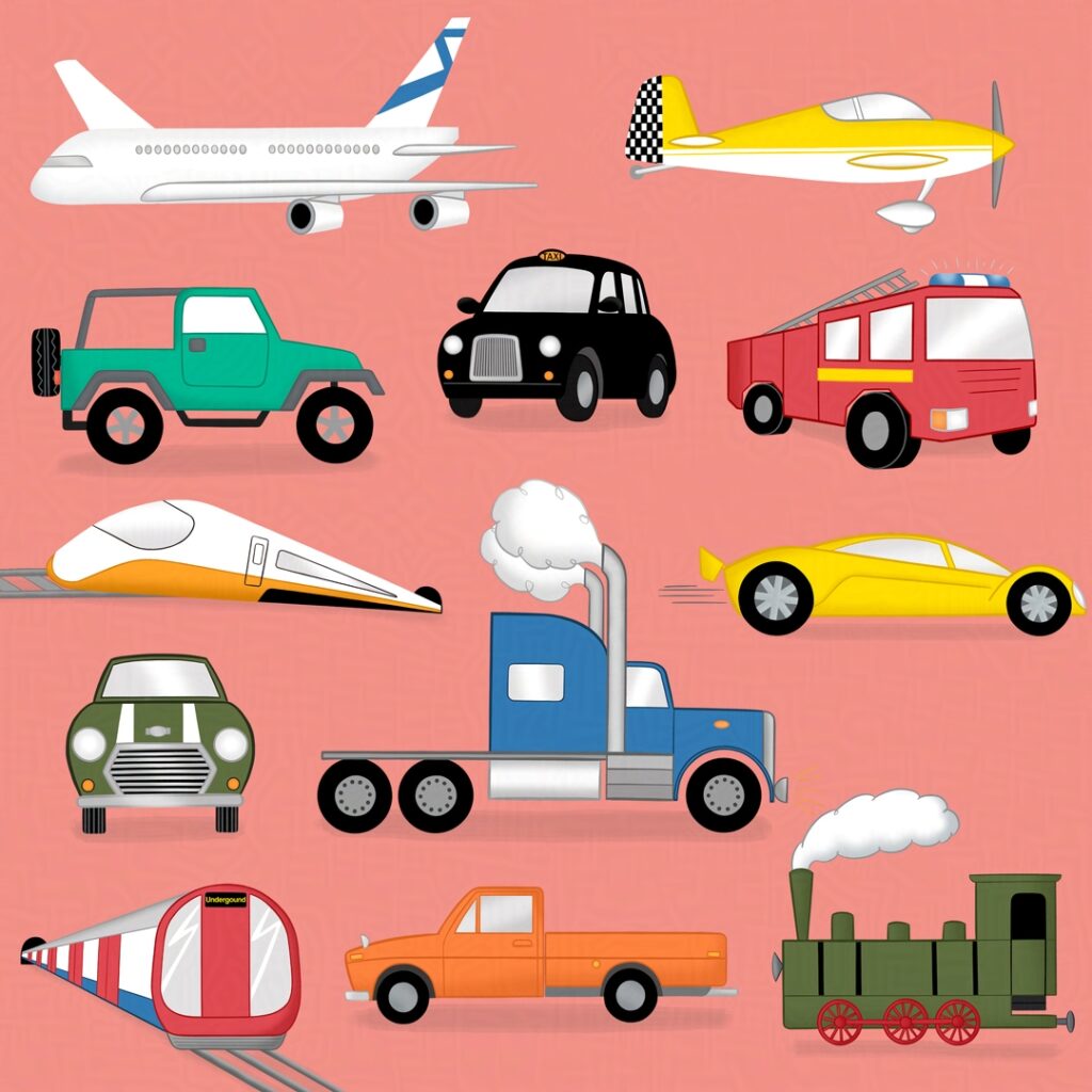 Illustrated vehicles in a fun, bright style from the book 'I Can Draw cars, trucks, trains and planes.