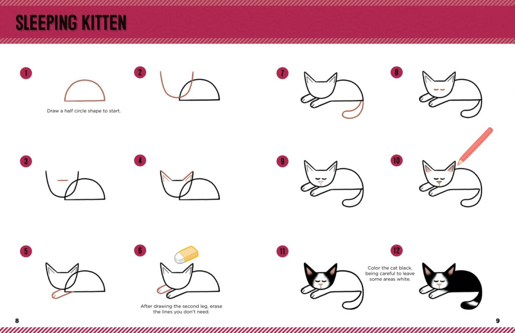 A page from Emily Fellah's 'I Can Draw Cats and Kittens', featuring step-by-step illustrations teaching the reader how to draw a robot based on simple shapes.