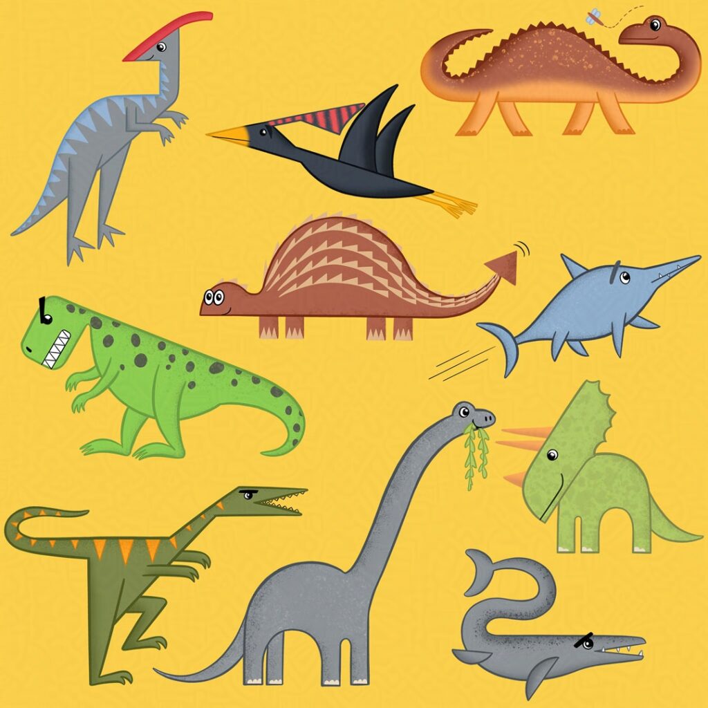 A page of cute, colourful illustrated dinosaurs including a brontosaurus, a pterodactyl, a T-Rex, a nyctosaurus and more