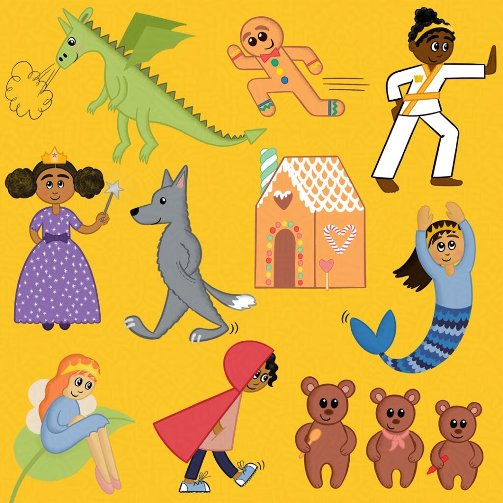 A page of cute princess and fairy tale illustrations including a dragon, Red Riding Hood, the ginger bread man, a fairy princess and more
