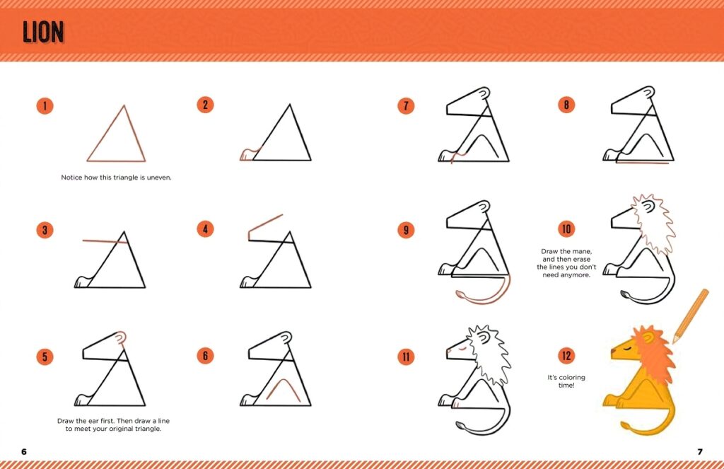 A page from Emily Fellah's 'I Can Draw Wild Animals', featuring step-by-step illustrations teaching the reader how to draw a lion based on a triangle.