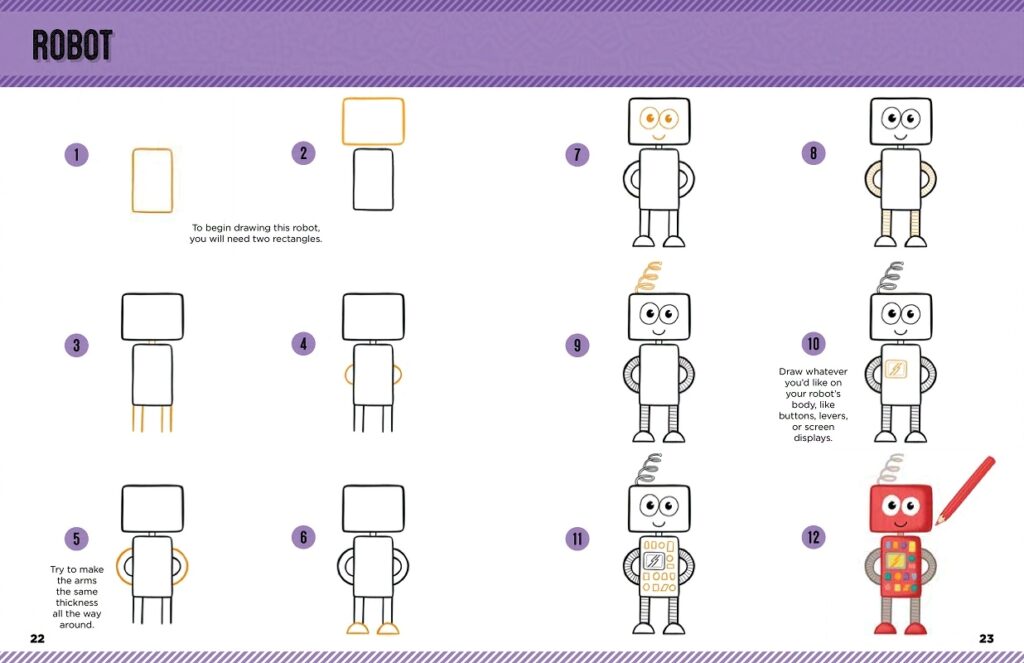 A page from Emily Fellah's 'I Can Draw Everything Cute and Cuddly', featuring step-by-step illustrations teaching the reader how to draw a robot based on simple shapes.