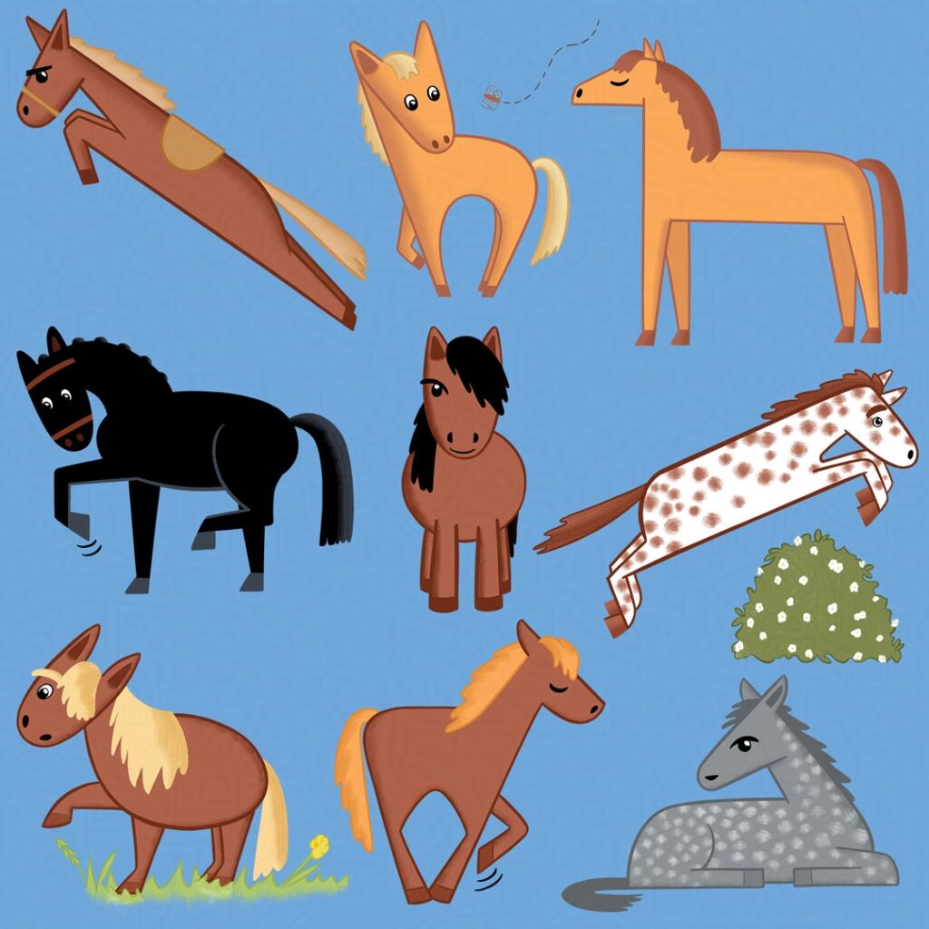 A page of cute horse and pony illustrations including an Arabian horse, a New Forest pony, a race horse and more
