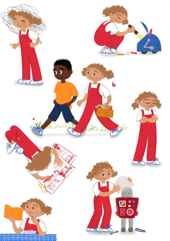 Character sheet featuring a fun picture book girl character who is an engineer, doing lots of different actions. She wears bright red dungarees.