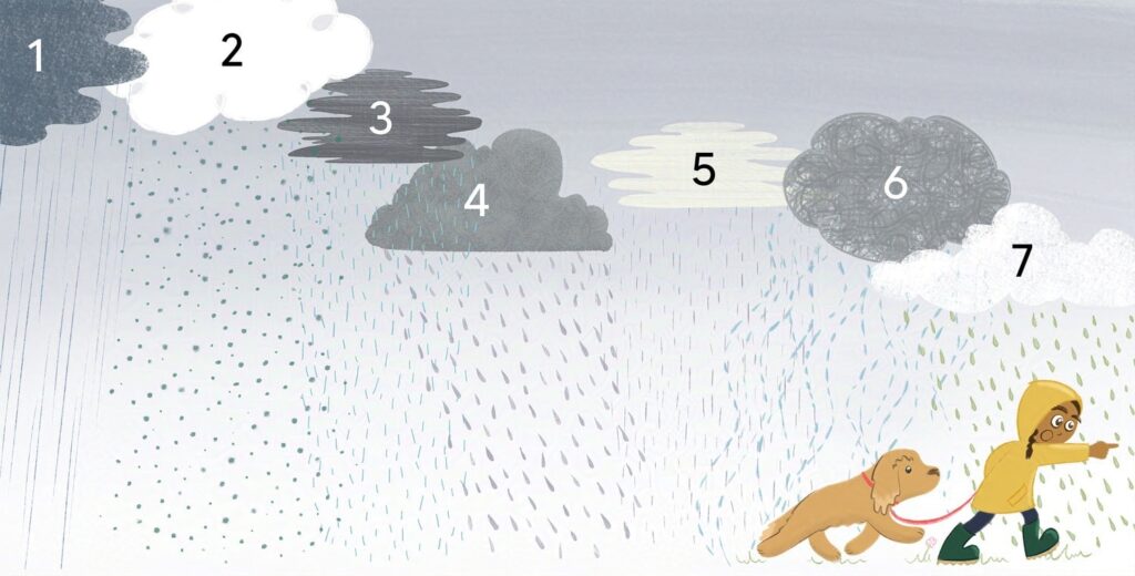 Picture book illustration by Emily Fellah of a little girl walking her dog under rain clouds.