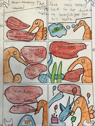A child's comic strip about a seahorse who's lost it's watch