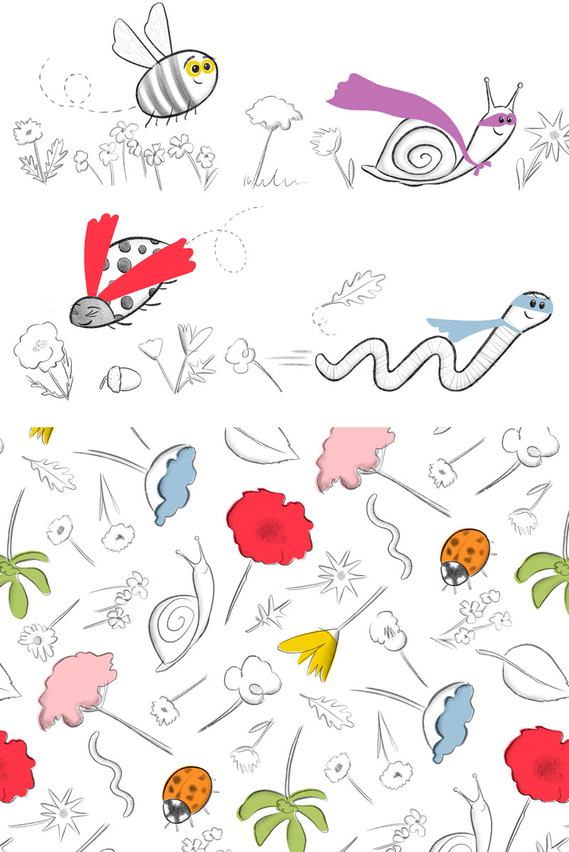 Three surface pattern print designs for children's fabrics with a garden heroes theme featuring a superhero bee, snail, ladybird and worm