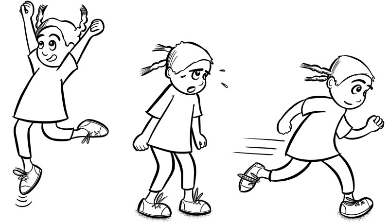 Three black and white line drawing illustrations of a girl jumping, running and having a tantrum