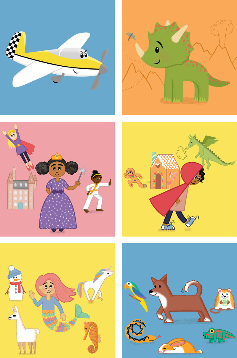 Fun, colourful, diverse children's book illustrations including a triceratops, a light aircraft character, princesses, fairy tale characters, cute characters and pets