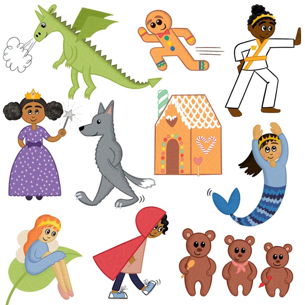 A page of cute princess and fairy tale illustrations including a dragon, Red Riding Hood, the ginger bread man, a fairy princess and more
