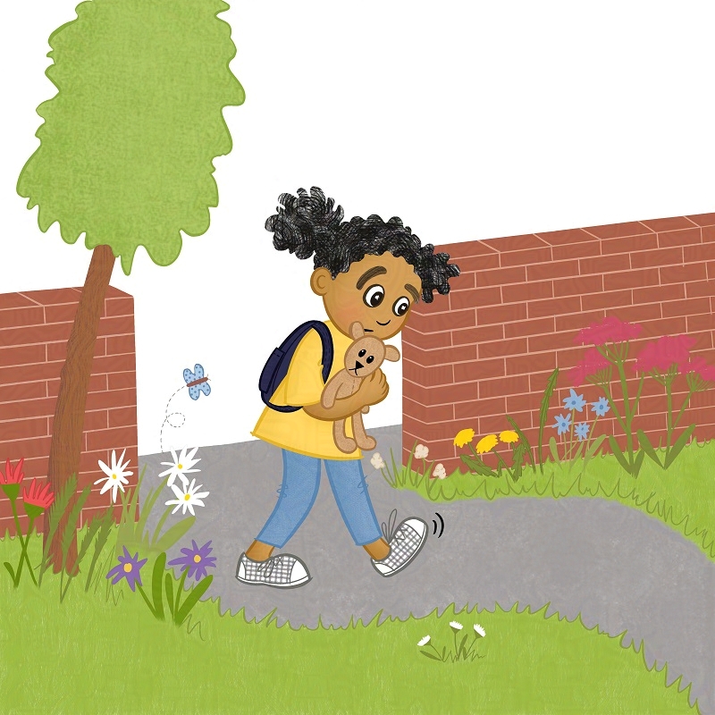 A picture book illustration featuring a little girl entering a park looking very timid. She is hugging a teddy bear tightly.
