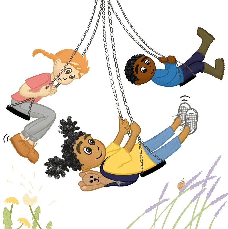 A picture book illustration featuring three children of different ethnicities playing on swings. The main character has a teddy bear tucked into her backpack.