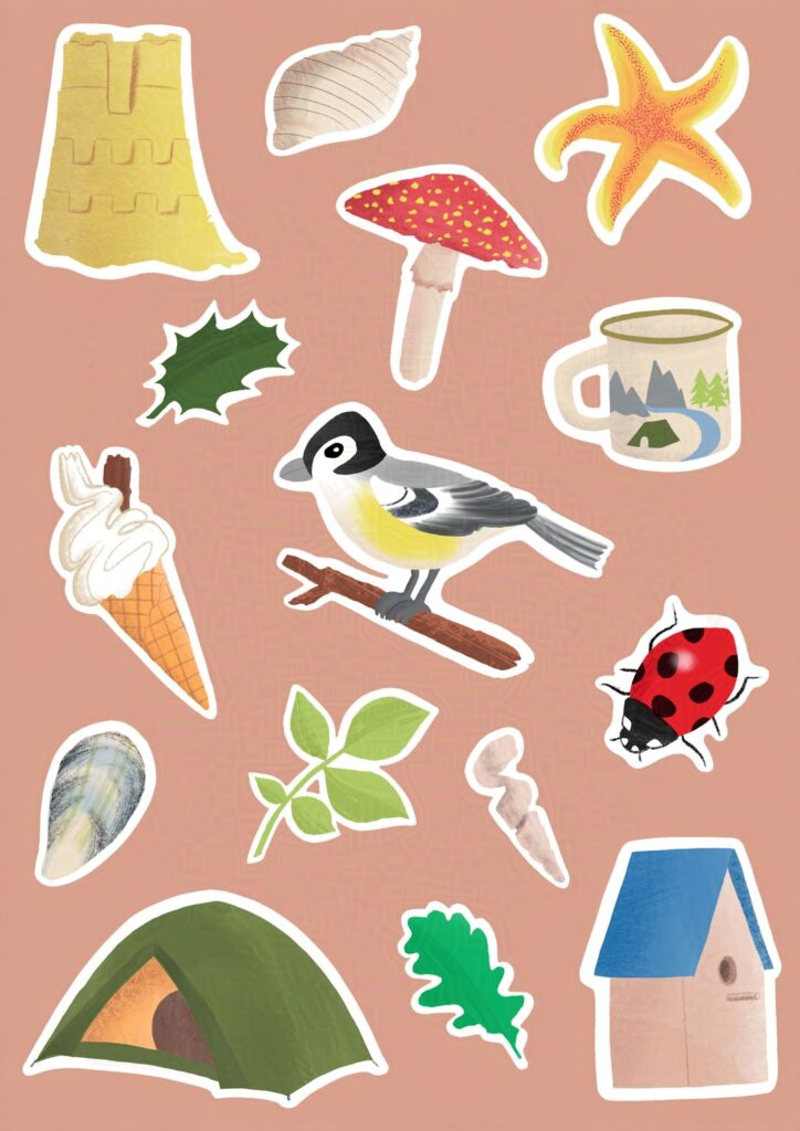 Design for a sticker page with a seaside camping theme featuring a garden bird, a tent, a sandcastle, a ladybird, shells, leaves and an ice cream.