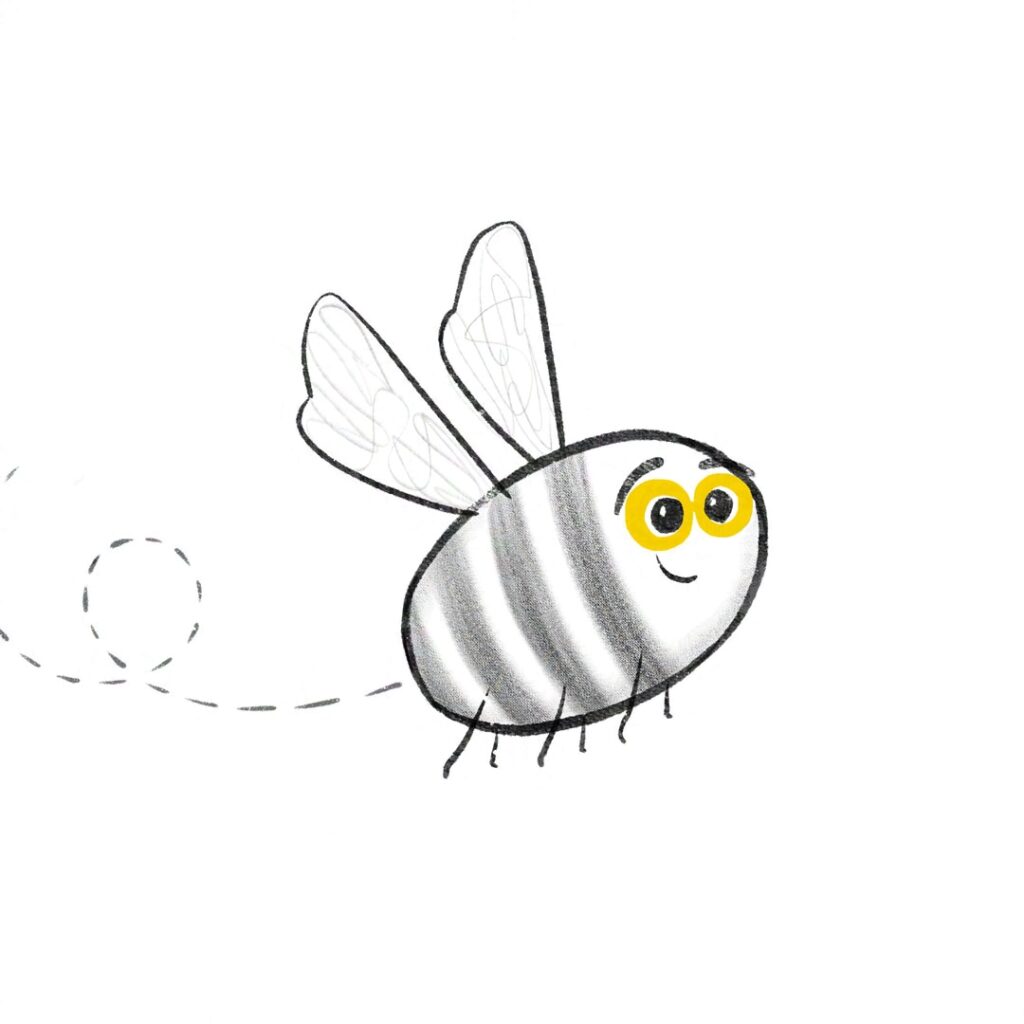 An illustration of superhero bee flying. The drawing was created with Procreate in black pencil and the bee features goggles in bright yellow.