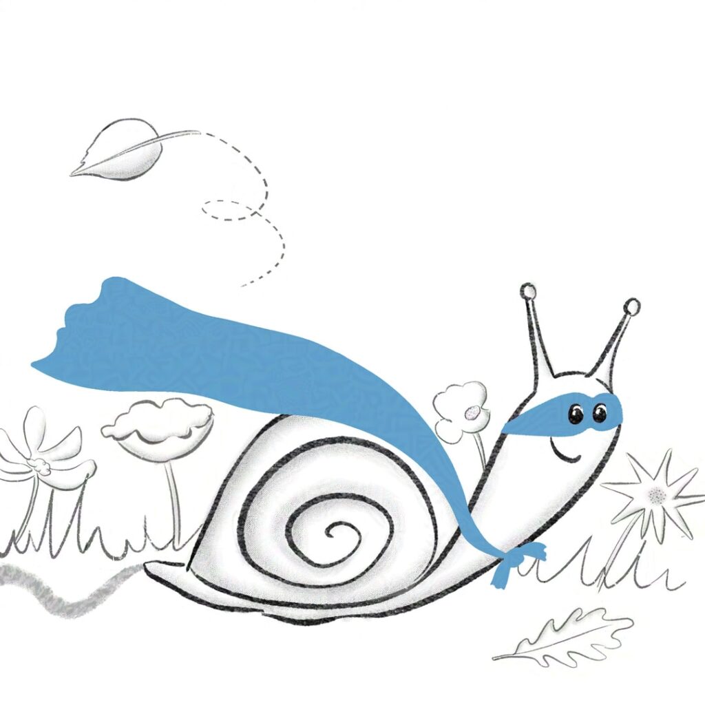 An illustration of superhero snail in a garden. The drawing was created with Procreate in black pencil and the snail features a blue mask and cape.