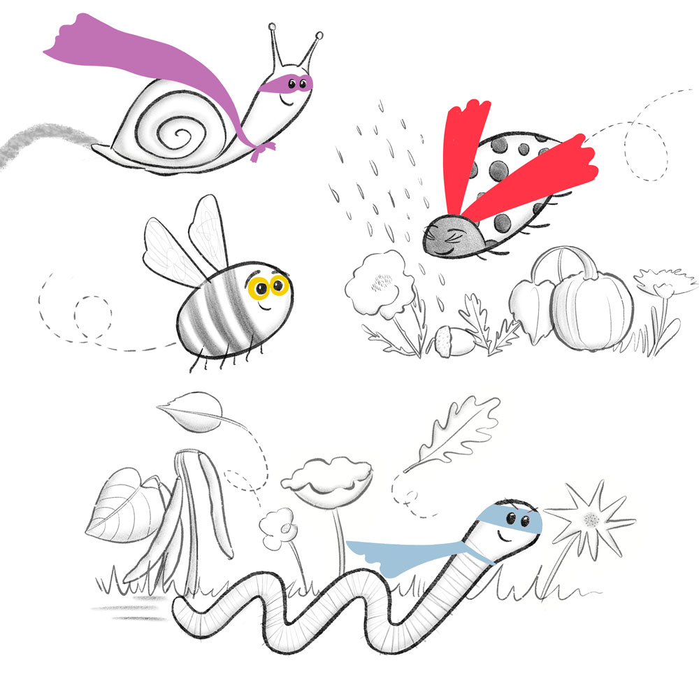 Fun children's illustrations for clothing and fabrics featuring a superhero ladybird, bee, snail and worm