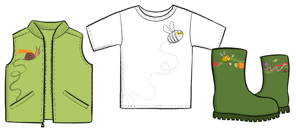 Fun children's illustrations featuring a superhero ladybird, bee, snail and worm, mocked up on a T-shirt, gillet and rain boots