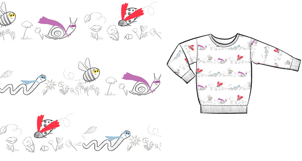 A surface pattern print design for children's fabrics with a garden superheroes stripe and an example of how it would look on a sweatshirt