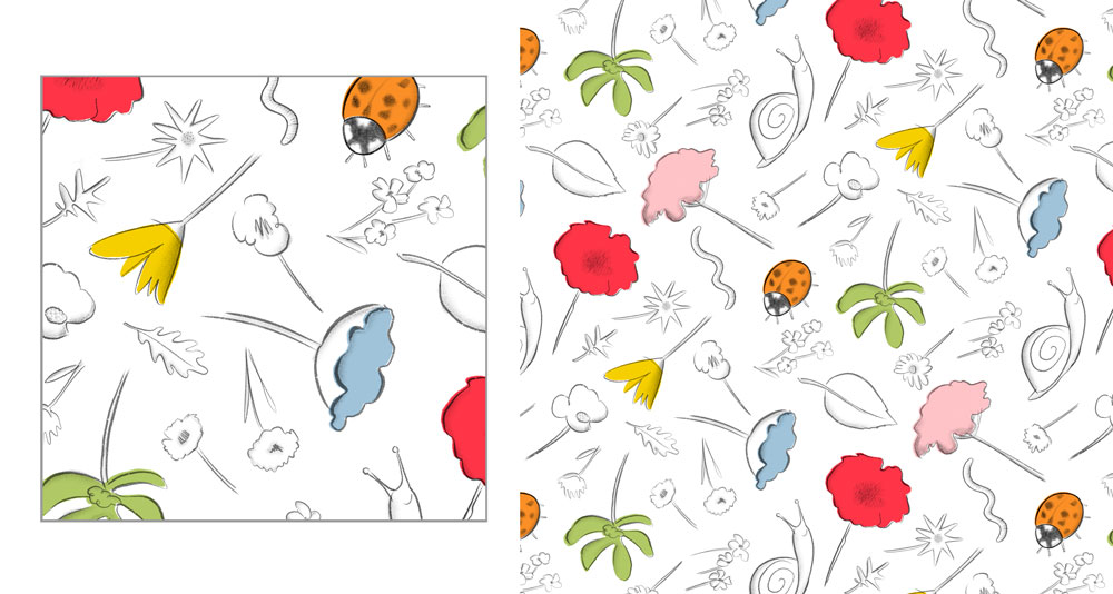 A surface pattern print design for children's fabrics with a garden heroes theme