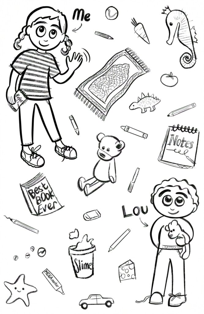 Page image for a children's chapter book with black and white illustrations of a little girl and her brother and all the things they love such as slime, carrots, toys, books and pencils.