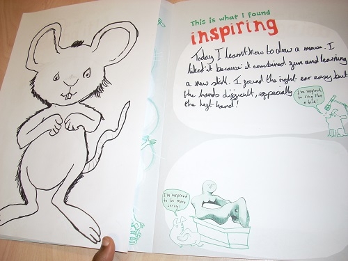 Page from an Arts Award log book and drawing of Ishmael mouse