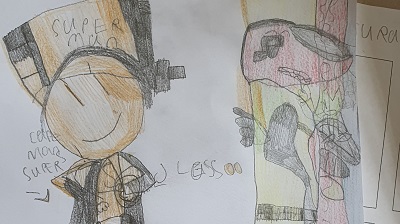 A woodpecker character and a Super Mum character drawn and coloured in pencil during a workshop