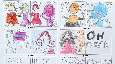 Child's drawings on a picture book template telling a story with colourful illustrations and text